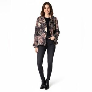 SOLITAIRE Faux Suede Rose Print Short Trench Jacket Front Pockets US Sz L